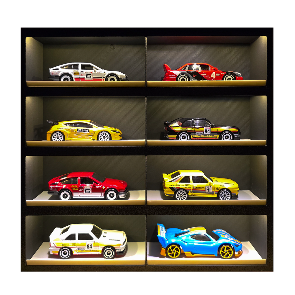 Display / stand iluminat LED pentru 8 masinute / automodele die-cast 1:64, compatibil HotWheels, Matchbox, Majorette